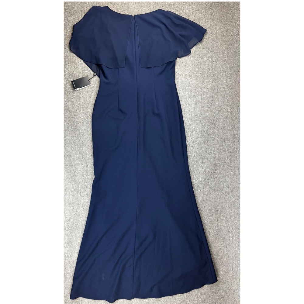 Adrianna Papell Dress 10 Navy Blue Crepe Chiffon Gown Ruffle V-Neck Maxi - Picture 2 of 15